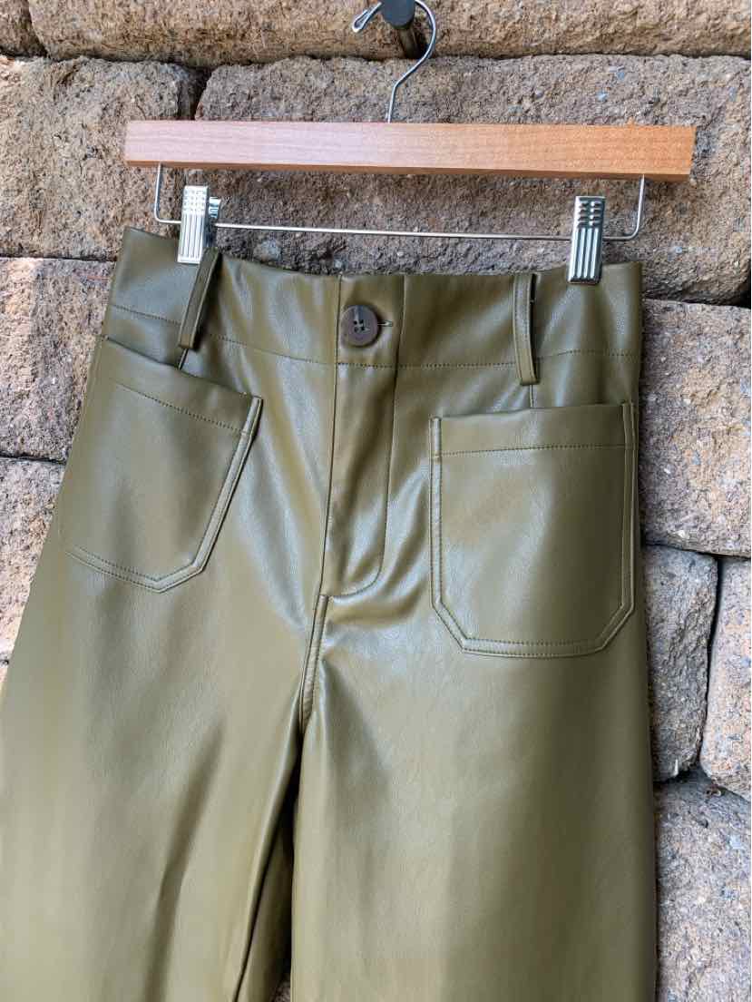 Olive green faux leather pants in small size with front patch pockets and wide belt loops.