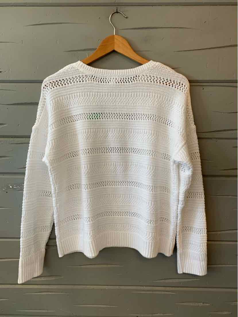 White knit sweater with long sleeves and horizontal open-knit stripes, medium size.
