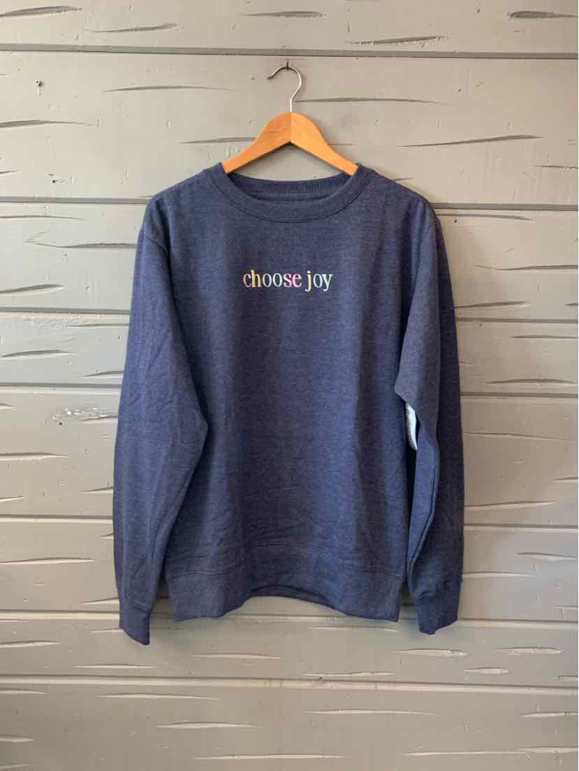 Navy blue long-sleeve crewneck shirt with small multicolored “choose joy” lettering on the chest.