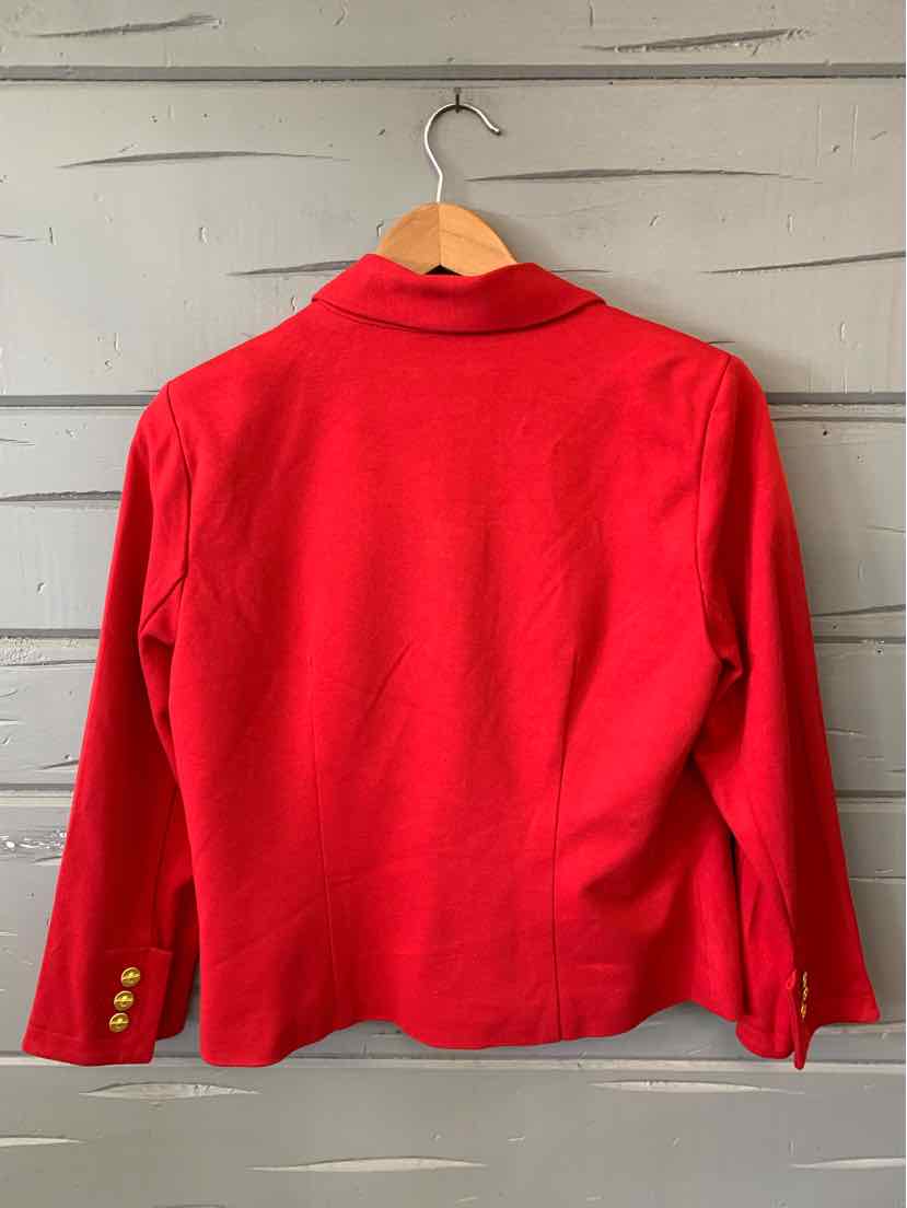 Red blazer with notched collar and gold button details on sleeves, size 6.
