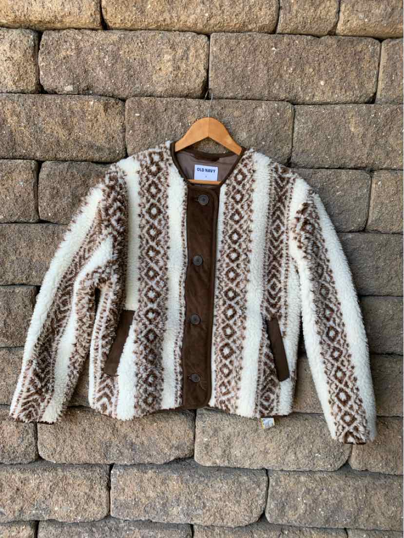 Cream and brown patterned knit cardigan with geometric designs and a button-up front.