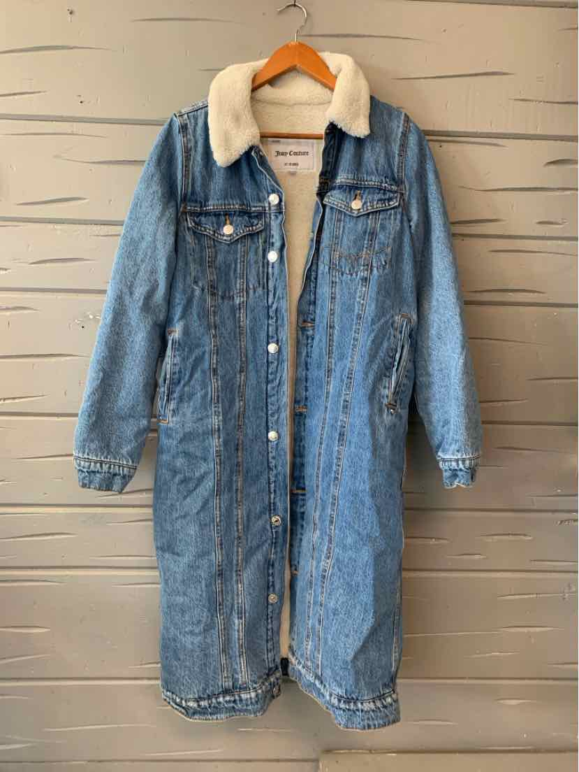 Long blue denim coat with white shearling collar and front button closure.