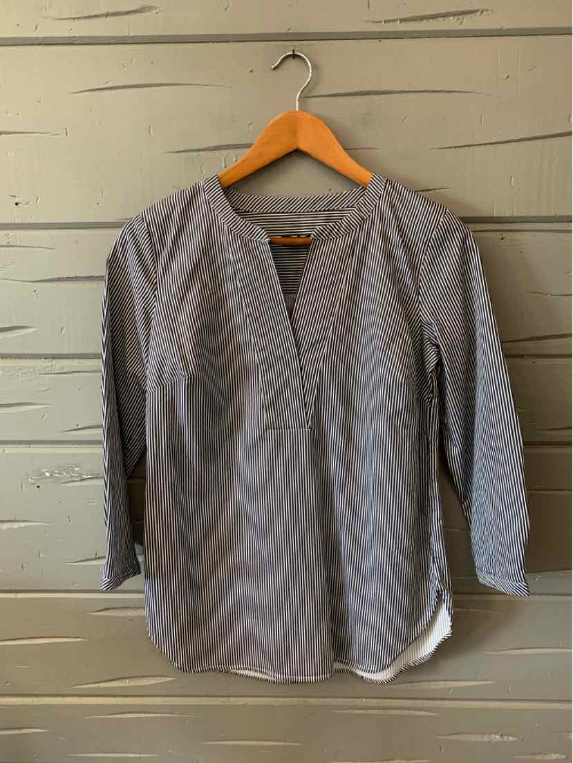 Gray and white vertical striped long-sleeve blouse with V-neck and relaxed fit, size XS.