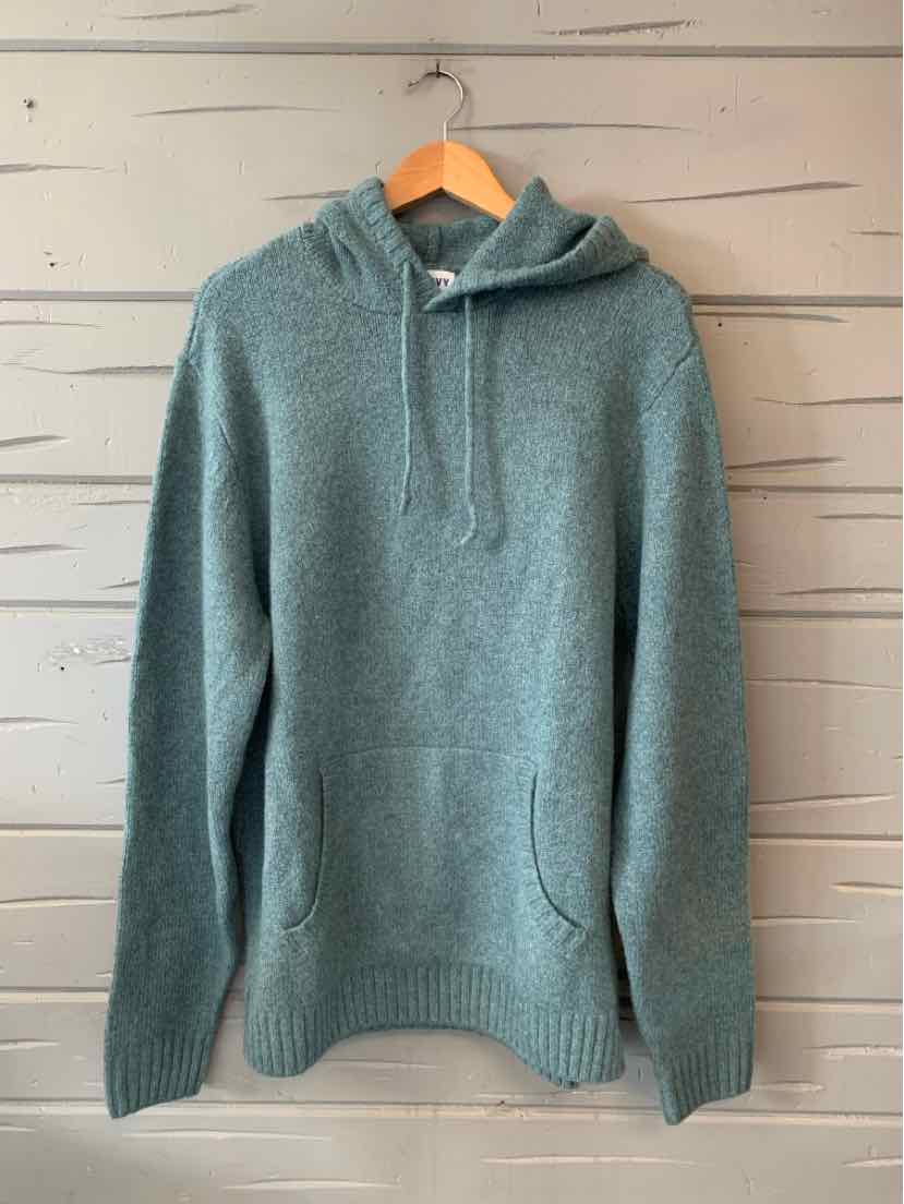 Heathered green knit hoodie with front kangaroo pocket and drawstring hood in size XL.