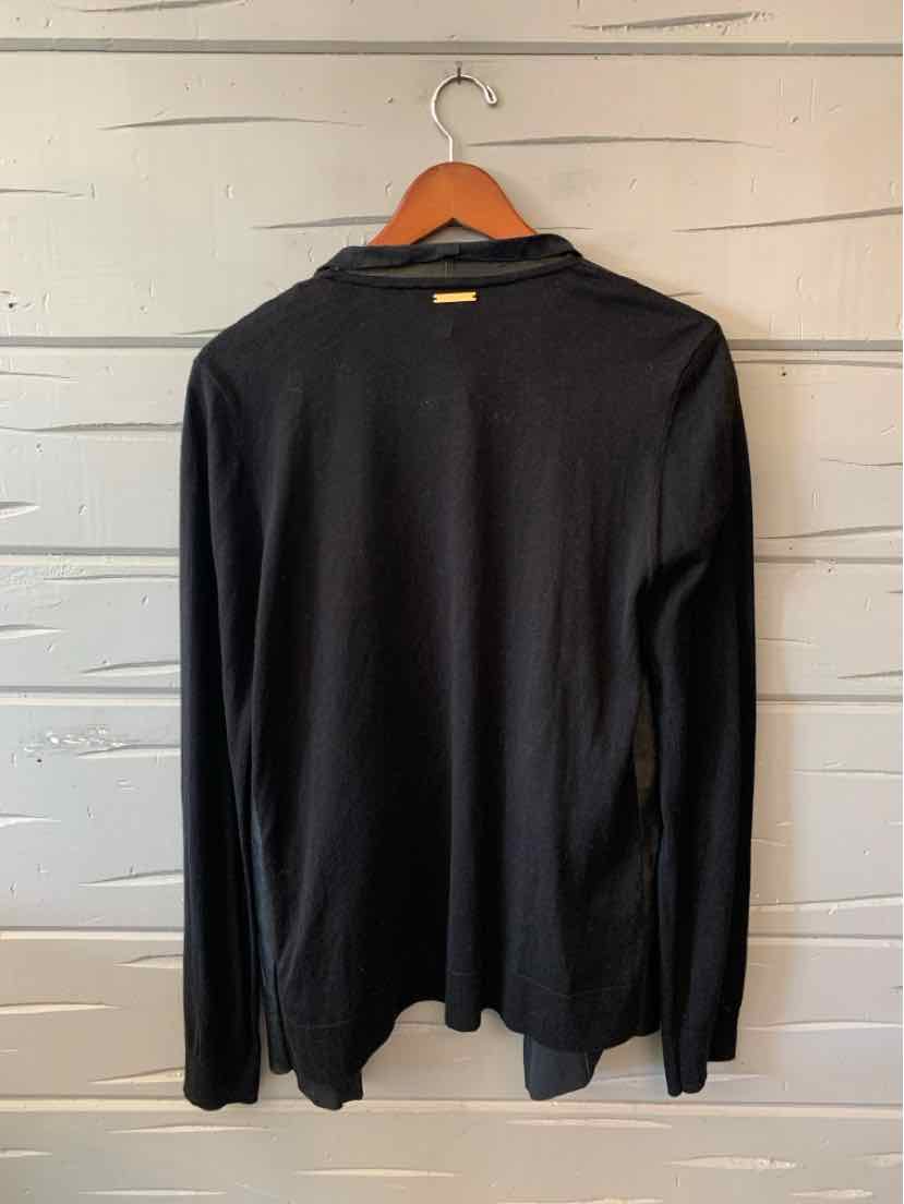 Black Michael Kors long-sleeve women’s sweater with a simple solid design, shown from the back.