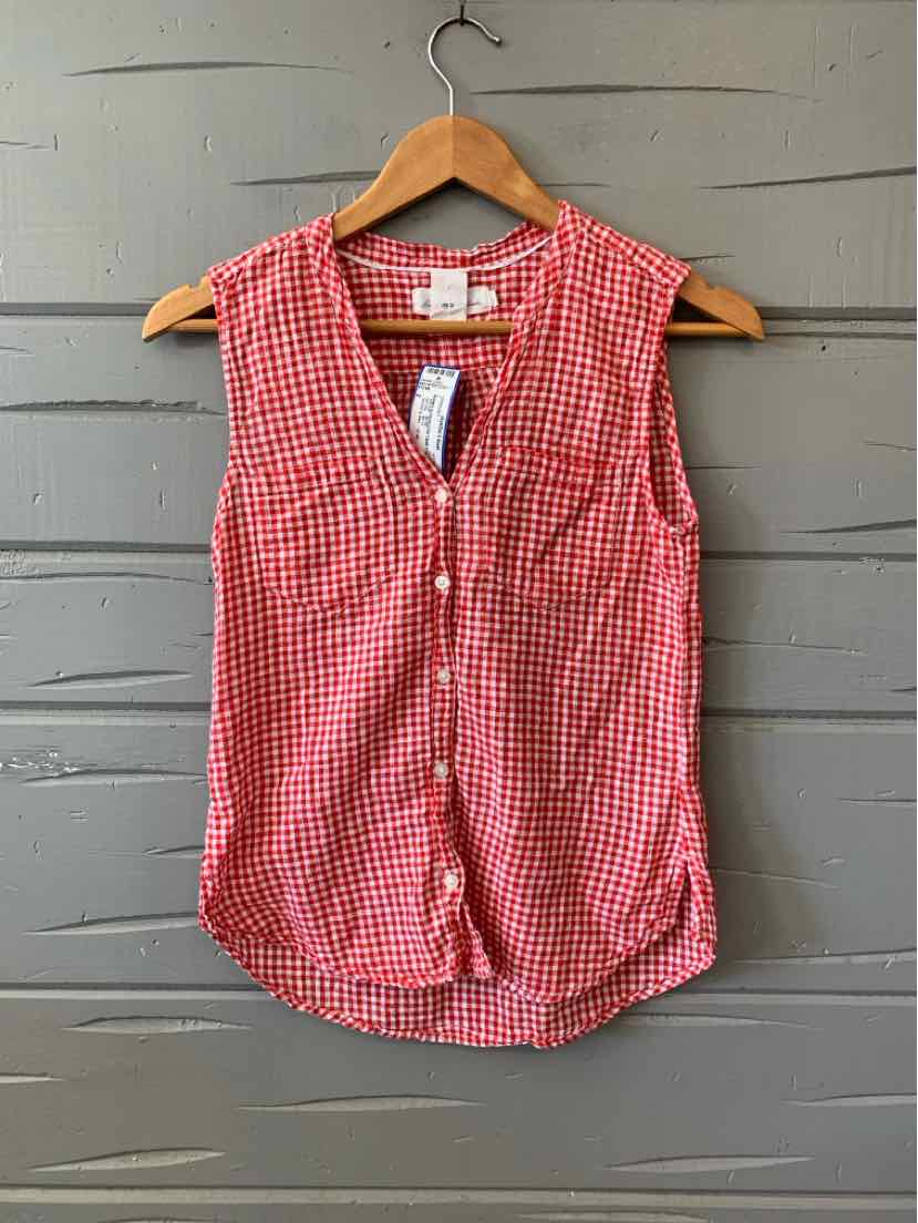 Red gingham sleeveless blouse with a V-neck and button-down front, size 2T.