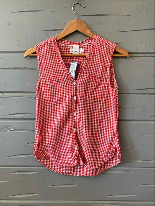 Red gingham sleeveless blouse with a V-neck and button-down front, size 2T.