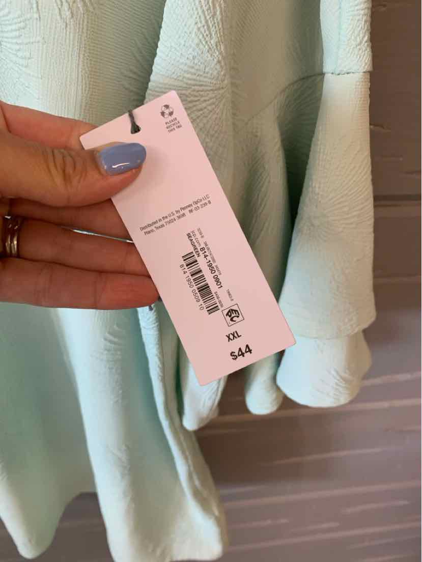 Light green Liz Claiborne blouse in size XXL with soft fabric and ruffled sleeves, shown with a price tag.