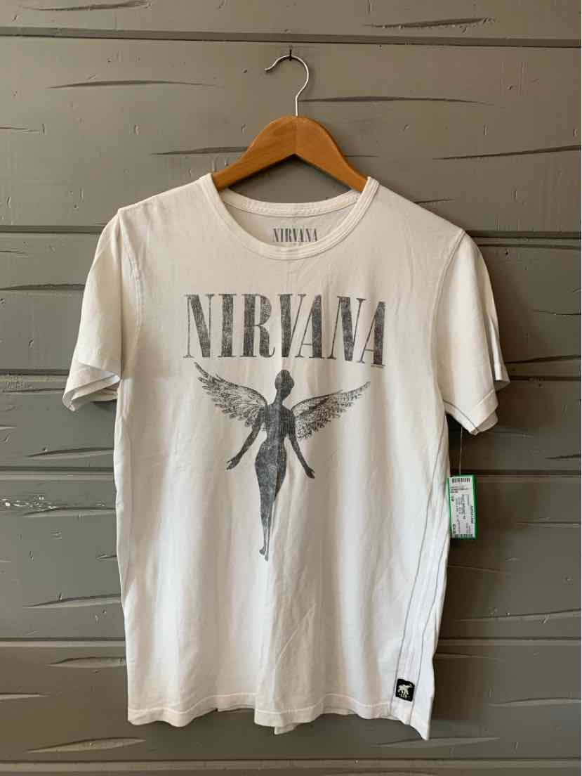 White short-sleeve cotton t-shirt with gray "Nirvana" text and angel silhouette graphic on front.