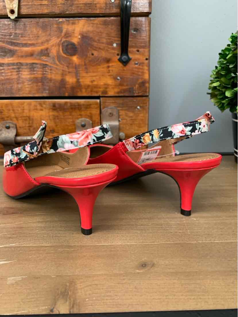 Red patent leather slingback heels with floral ankle straps and kitten heels, size 9.