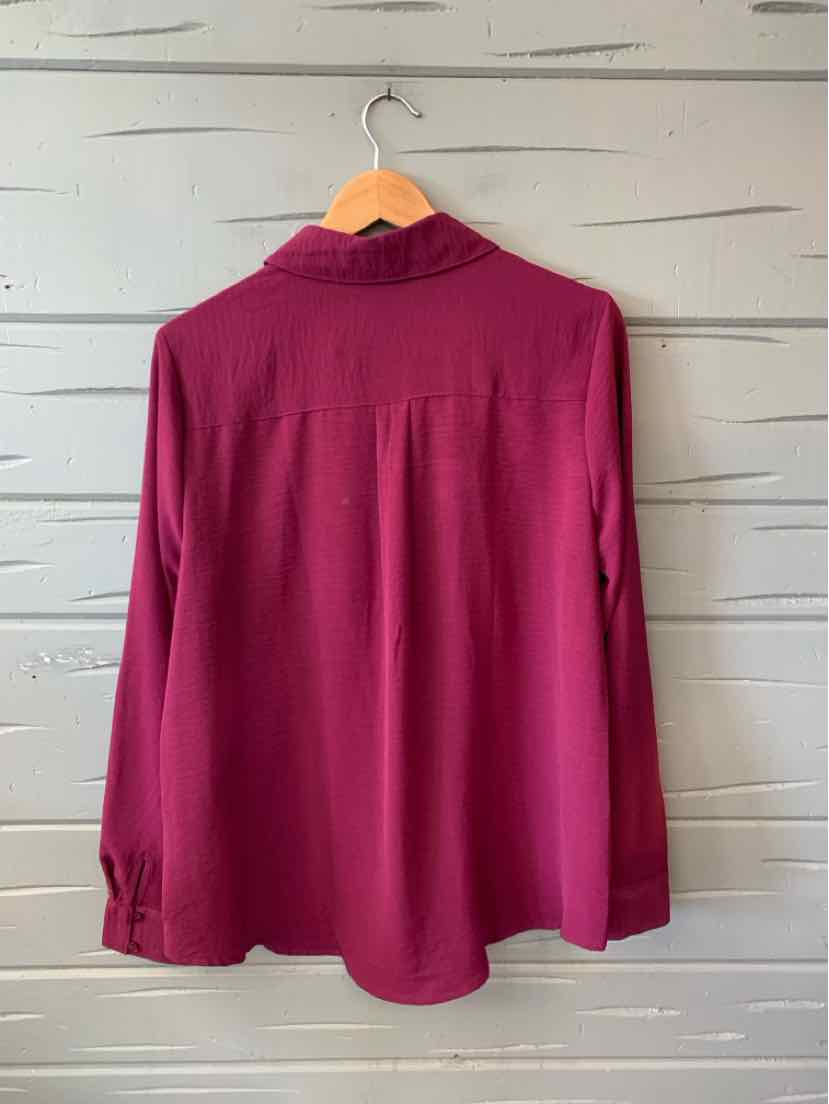 Burgundy long-sleeve blouse with classic collar and buttoned cuffs, size XL.