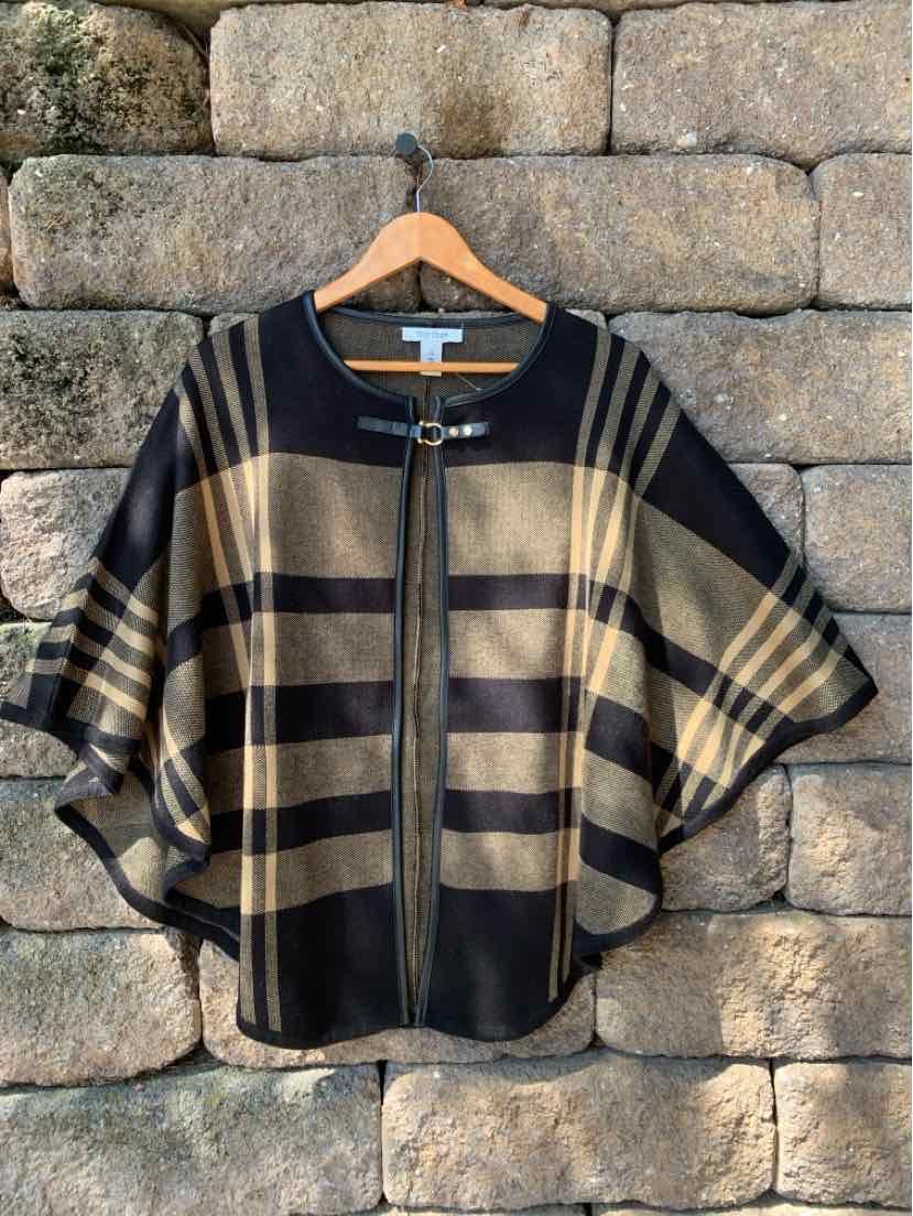 Black and tan plaid poncho with front zipper and round neckline, size small.
