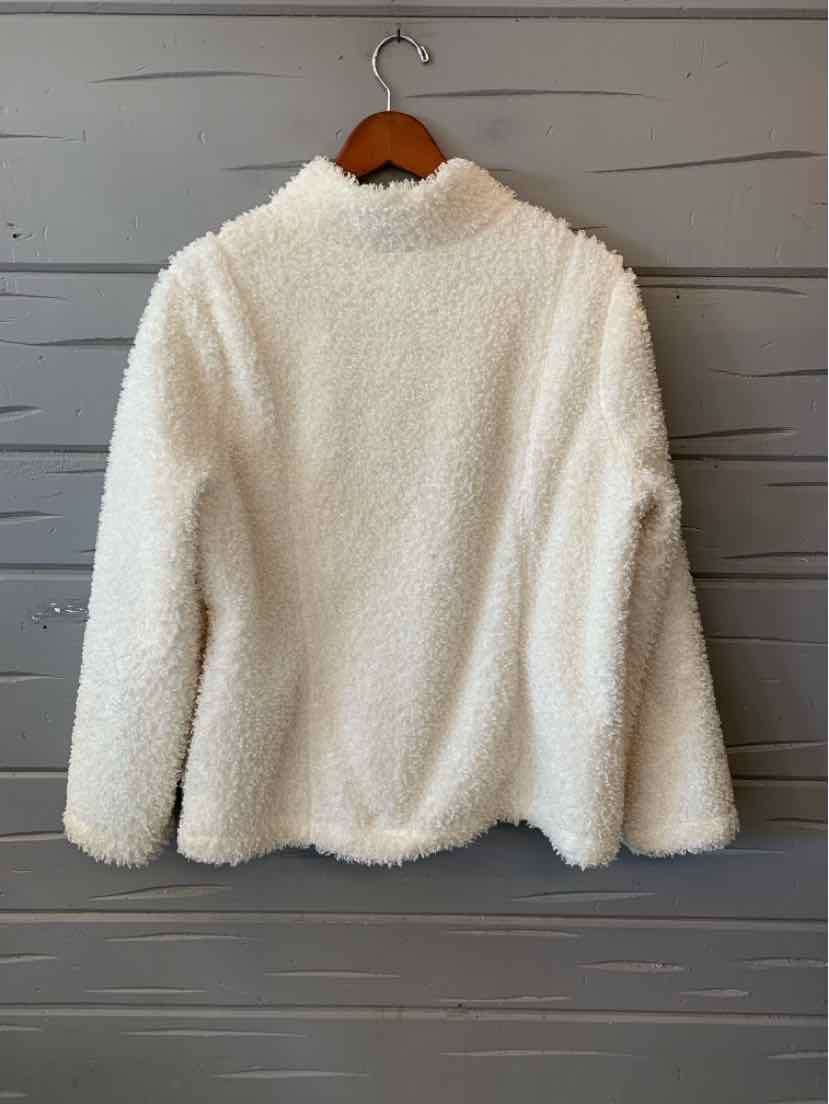 Cream white plush fleece pullover with high neck and long sleeves in large petite size.