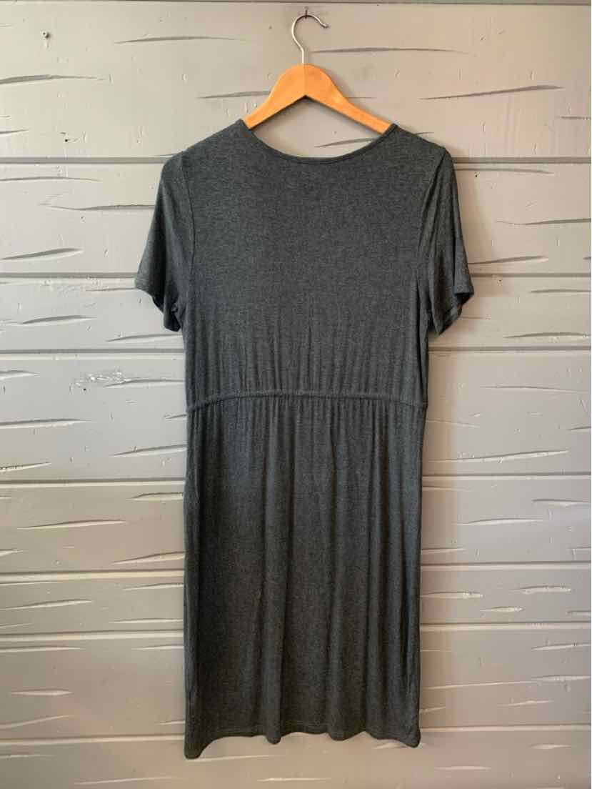 Gray short-sleeve dress with a crew neckline and gathered waist, knee-length, soft knit fabric.