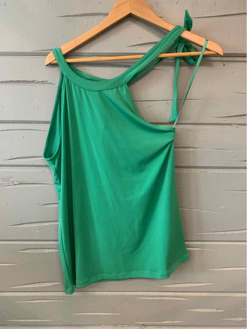 Green one-shoulder sleeveless top with adjustable strap on wooden hanger.