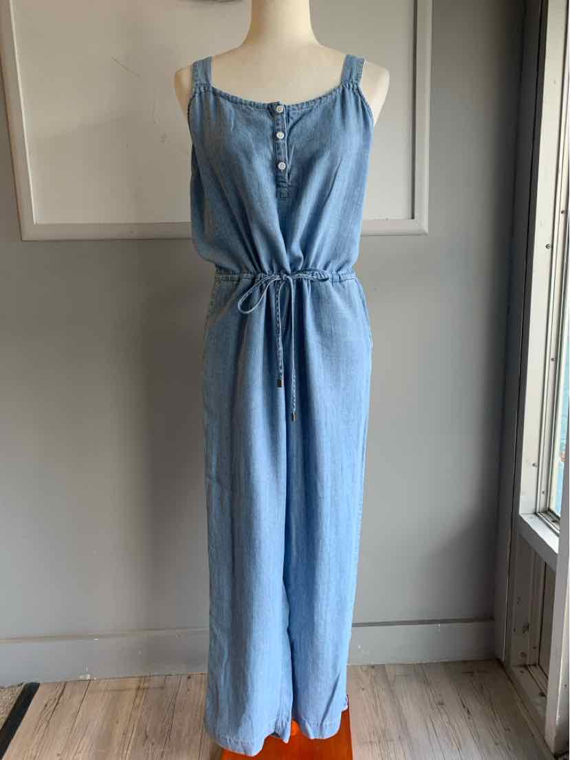 Light blue sleeveless jumpsuit with buttoned front and drawstring waist, straight wide legs.