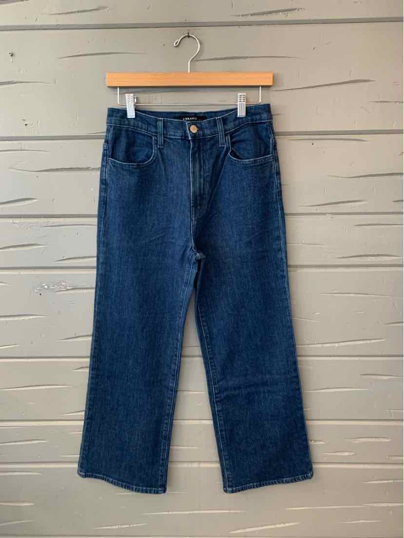 Dark blue denim jeans with a straight-leg cut, classic five-pocket styling, and a metal button closure.