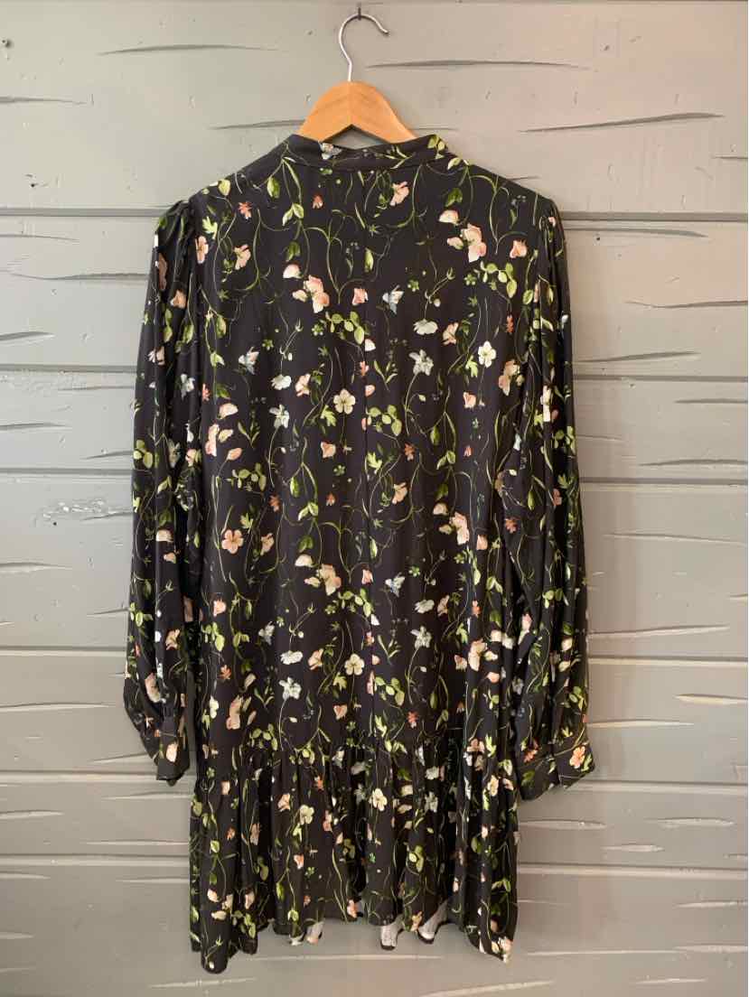 Black long-sleeve floral dress with green and pink flower print, flowy skirt, size XL.
