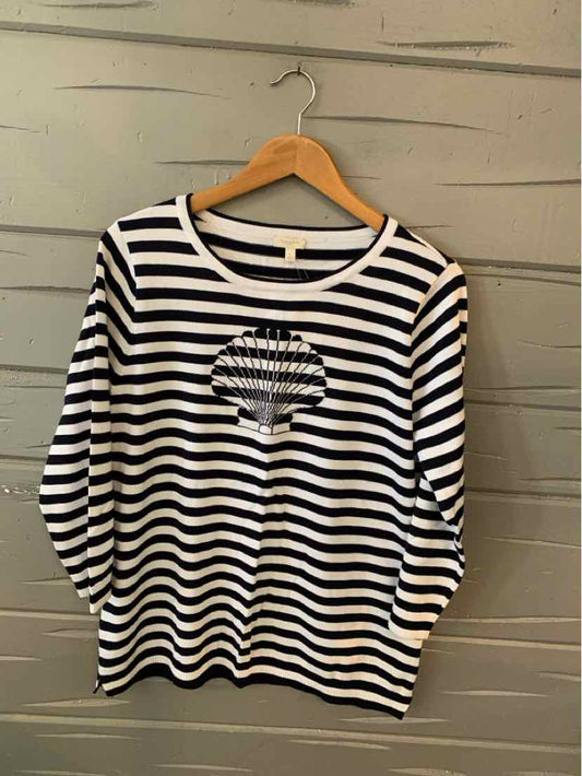 Black and white striped long-sleeve shirt with round neckline and tree graphic on front.