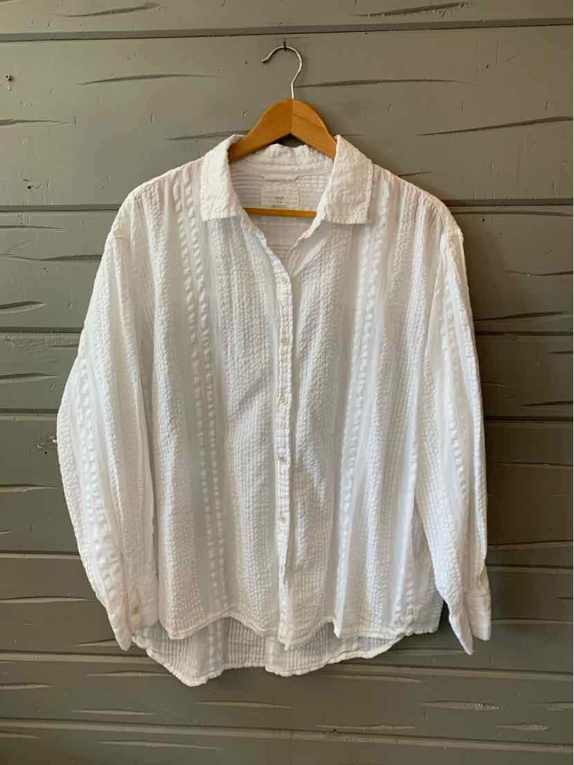 White long-sleeve button-up blouse with textured vertical stripes and collar, medium size.