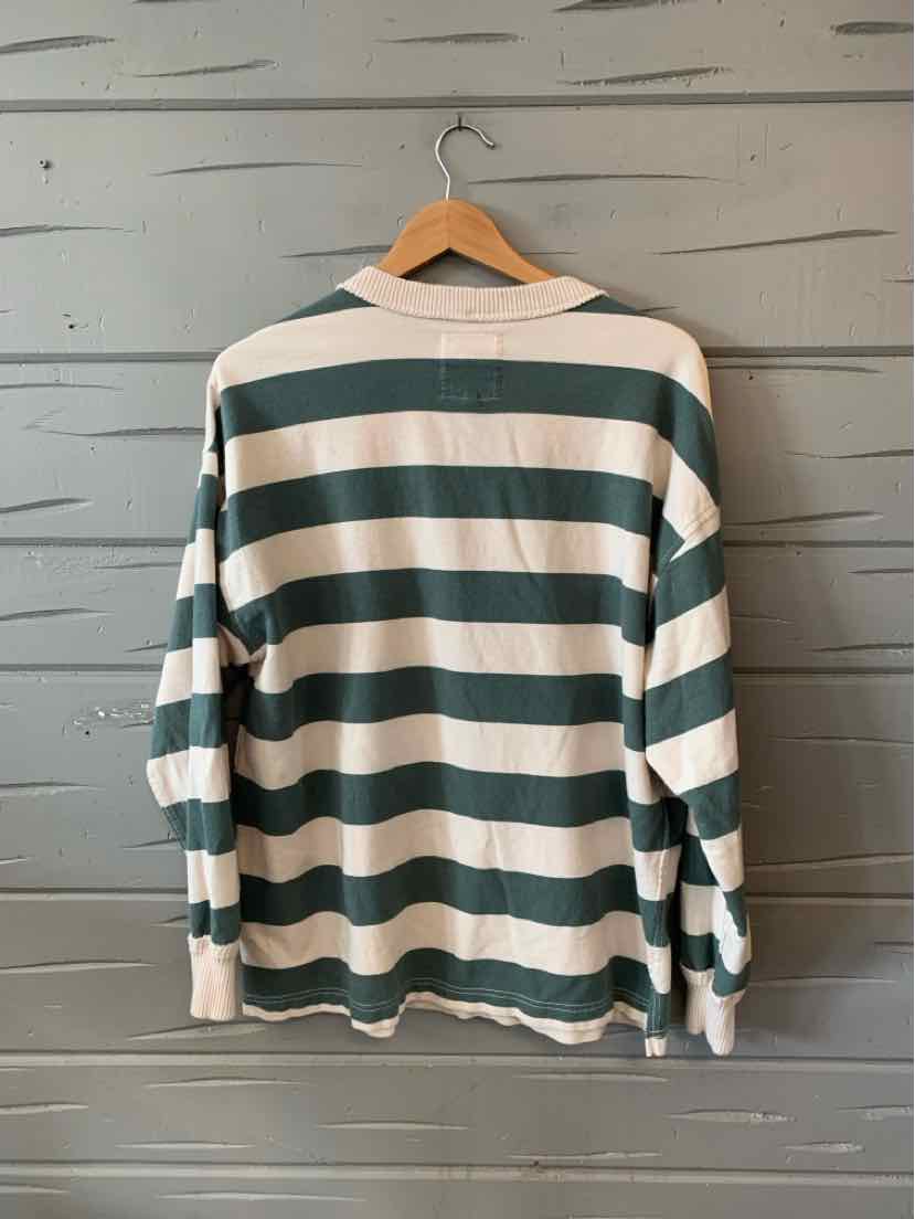 Long-sleeve sweatshirt with wide green and white horizontal stripes, crew neck, and ribbed cuffs, medium size.