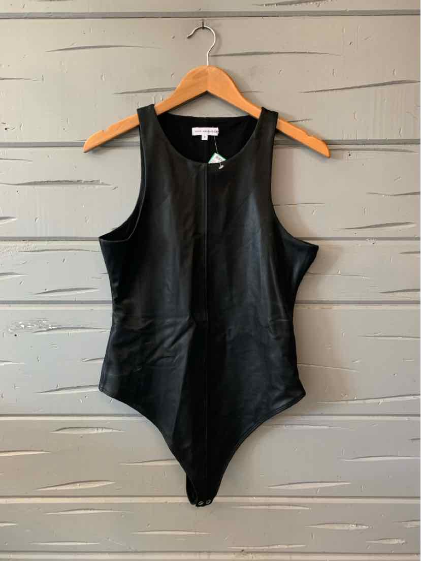 Black faux leather sleeveless bodysuit with front zipper and scoop neckline, size large.