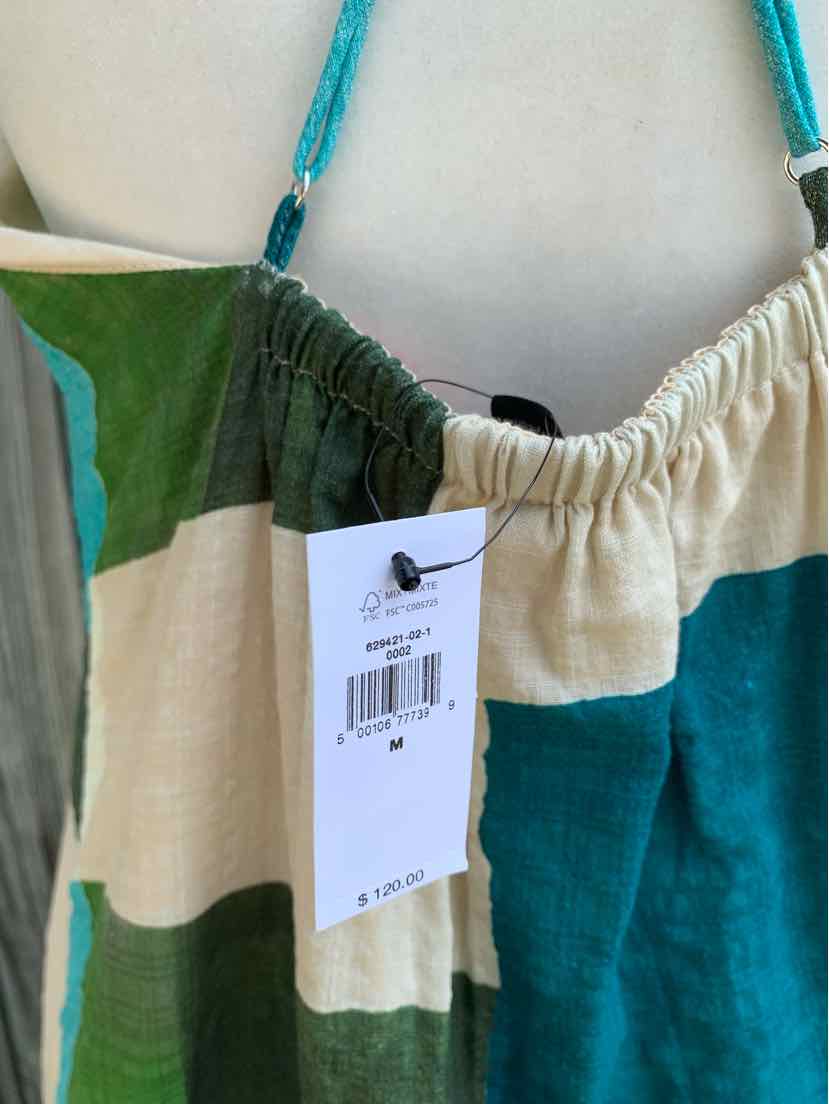 Sleeveless dress with gathered neckline in green, beige, and teal color blocks, medium size tag visible.