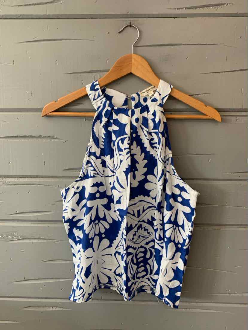 Blue and white floral halter neck crop top with keyhole back in lightweight fabric.