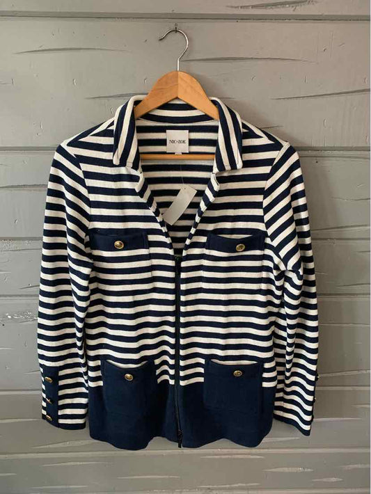 Navy and white striped cardigan with front pockets and gold buttons, medium petite size.