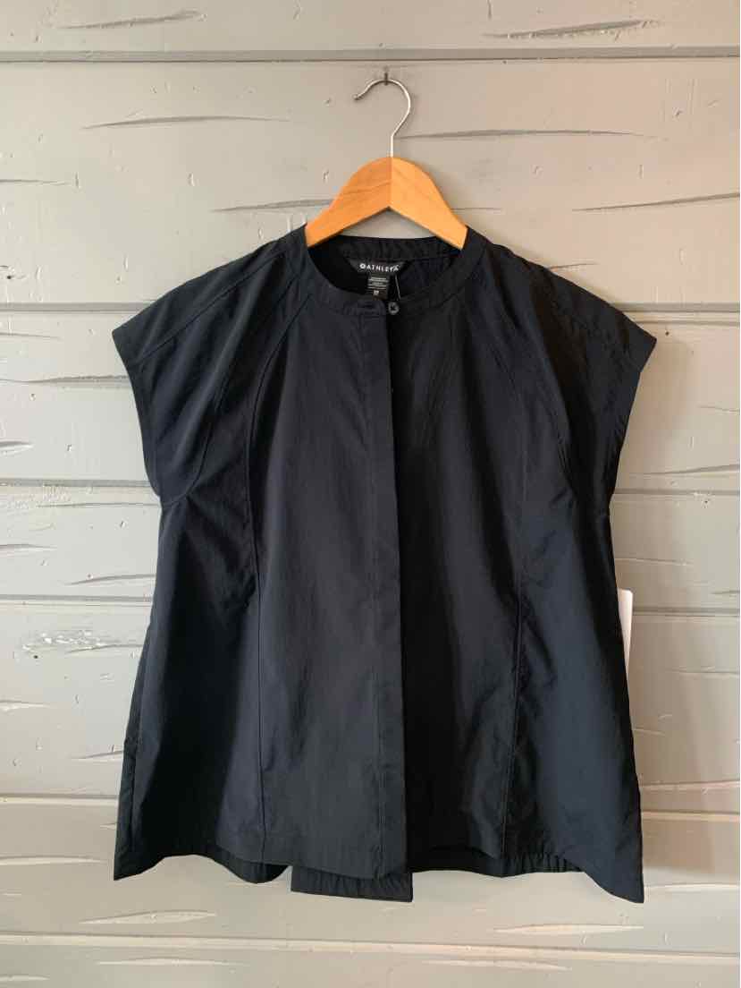 Black sleeveless blouse with round neckline and concealed front buttons, size XS.