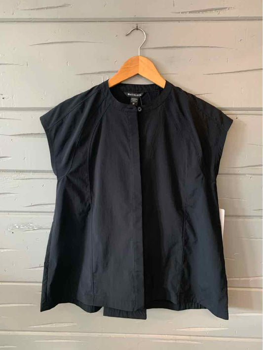 Black sleeveless blouse with round neckline and concealed front buttons, size XS.