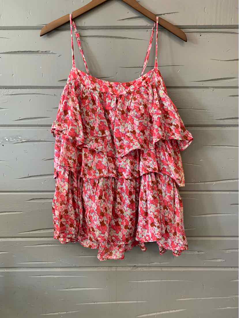Pink and red floral tiered sleeveless blouse with thin spaghetti straps and a loose fit.