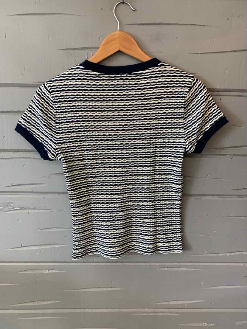 Women's short-sleeve knit top with navy and white horizontal stripes and navy ribbed collar and cuffs.