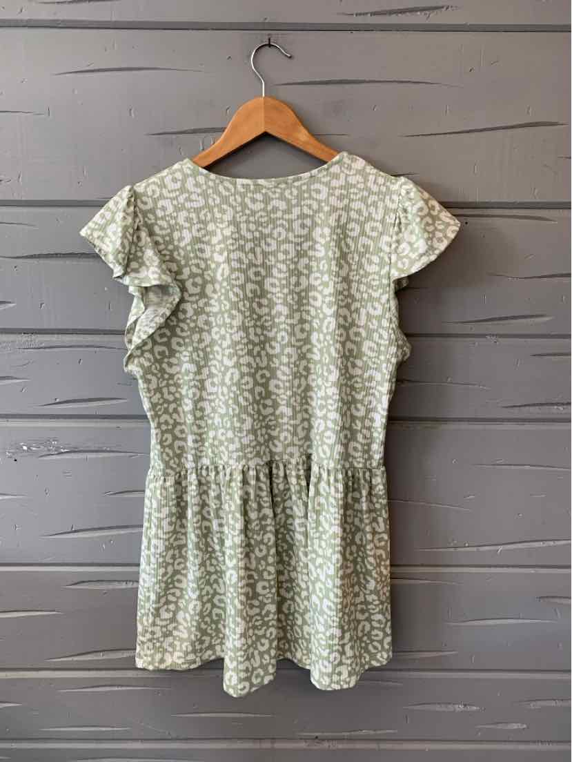 Light green short-sleeve dress with white leopard print, cinched waist, and round neckline.