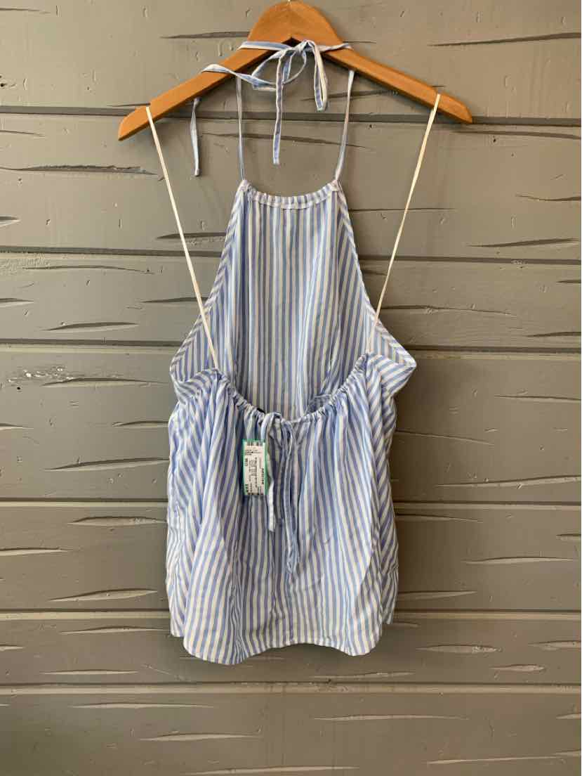 Blue and white striped sleeveless romper with halter neck and gathered waist on wooden hanger.