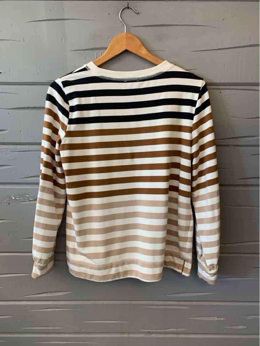 Women's long-sleeve Talbots top with horizontal black, tan, and cream stripes and a boat neckline.