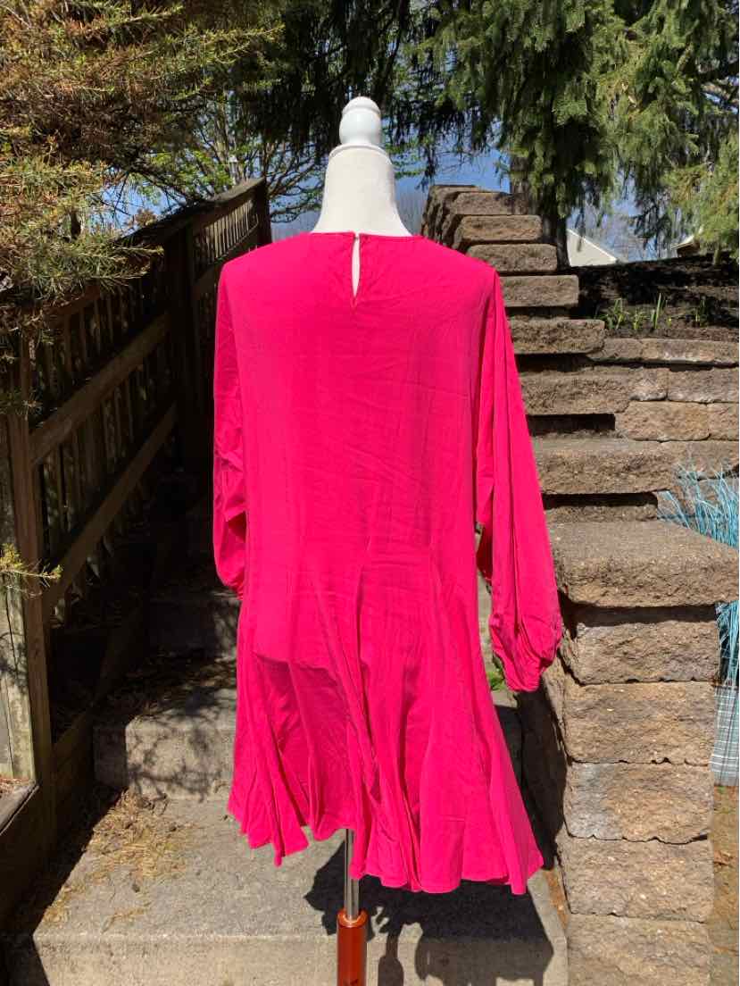 Bright pink long-sleeve dress with pleated hem detail on mannequin outdoors.