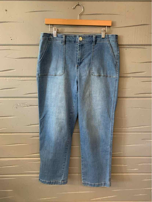 High-waist blue denim jeans with button fly and front pockets, relaxed fit, size 14.