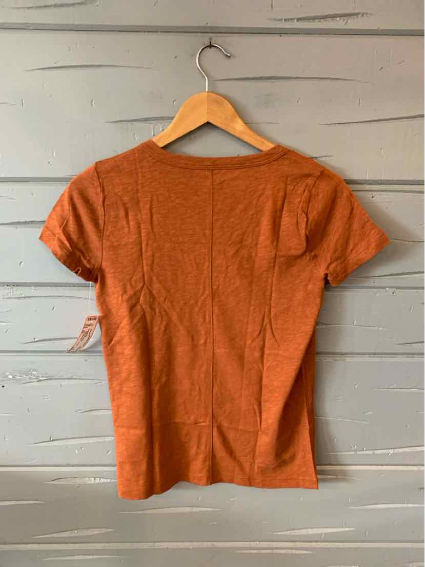 Tan short-sleeve fitted cotton T-shirt in size XS on wooden hanger against gray wood panel wall.
