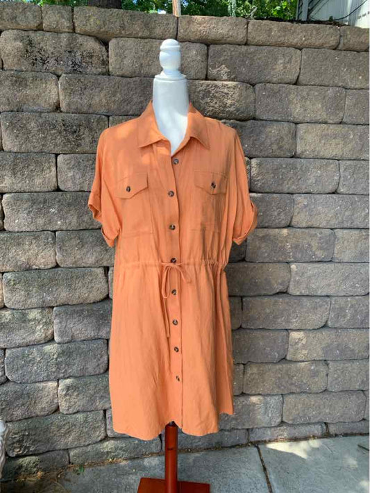 Short-sleeve orange button-down dress with front flap pockets and cinched waist on mannequin.