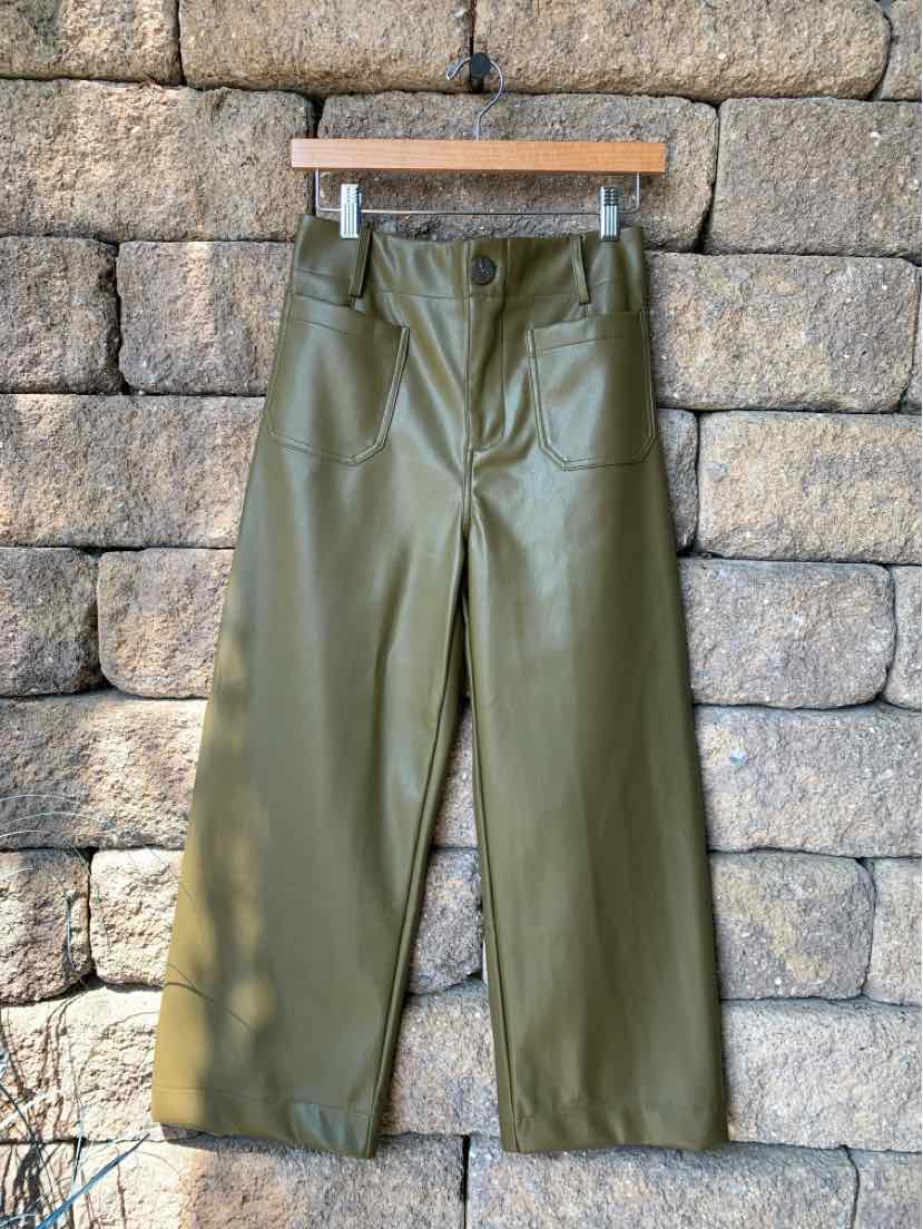 Olive green faux leather wide-leg pants with front button and pockets, size small.