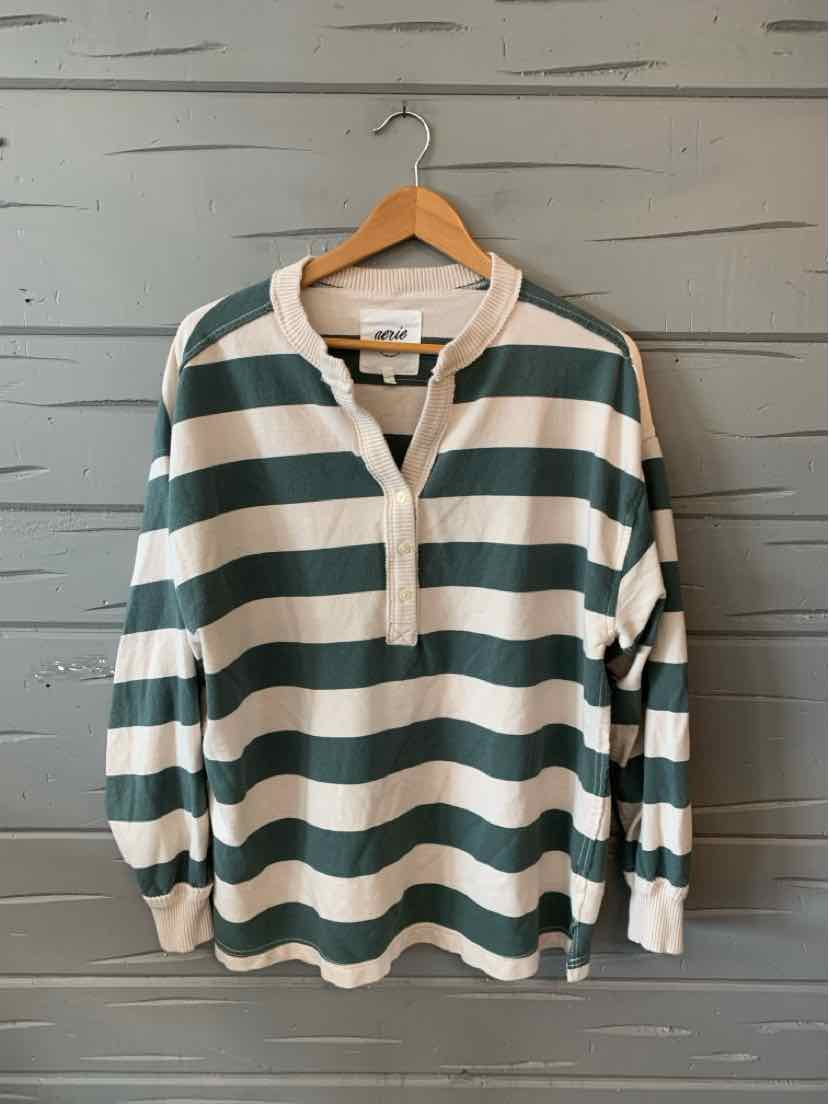 Long-sleeve rugby shirt with wide green and white horizontal stripes and a white collar, size medium.
