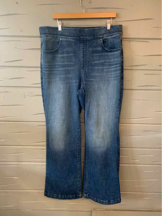 Blue denim bootcut jeans with subtle fading, mid-rise waist, and classic five-pocket design.