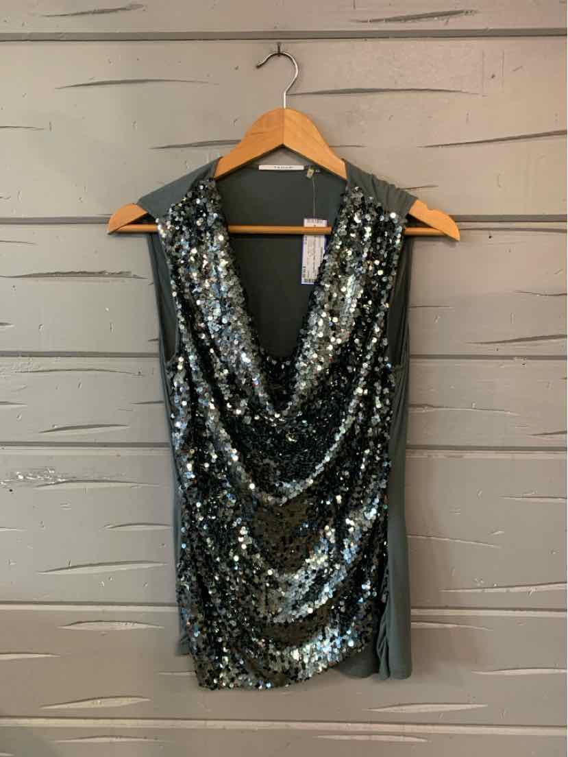 Women’s black sleeveless Tahari top with a deep V-neck and allover silver sequins.