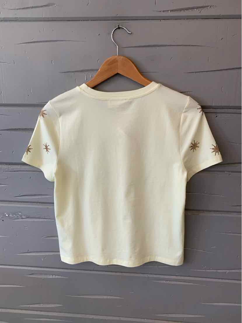 Soft yellow marled short-sleeve tee with small bead embellishments on sleeves, size XS.