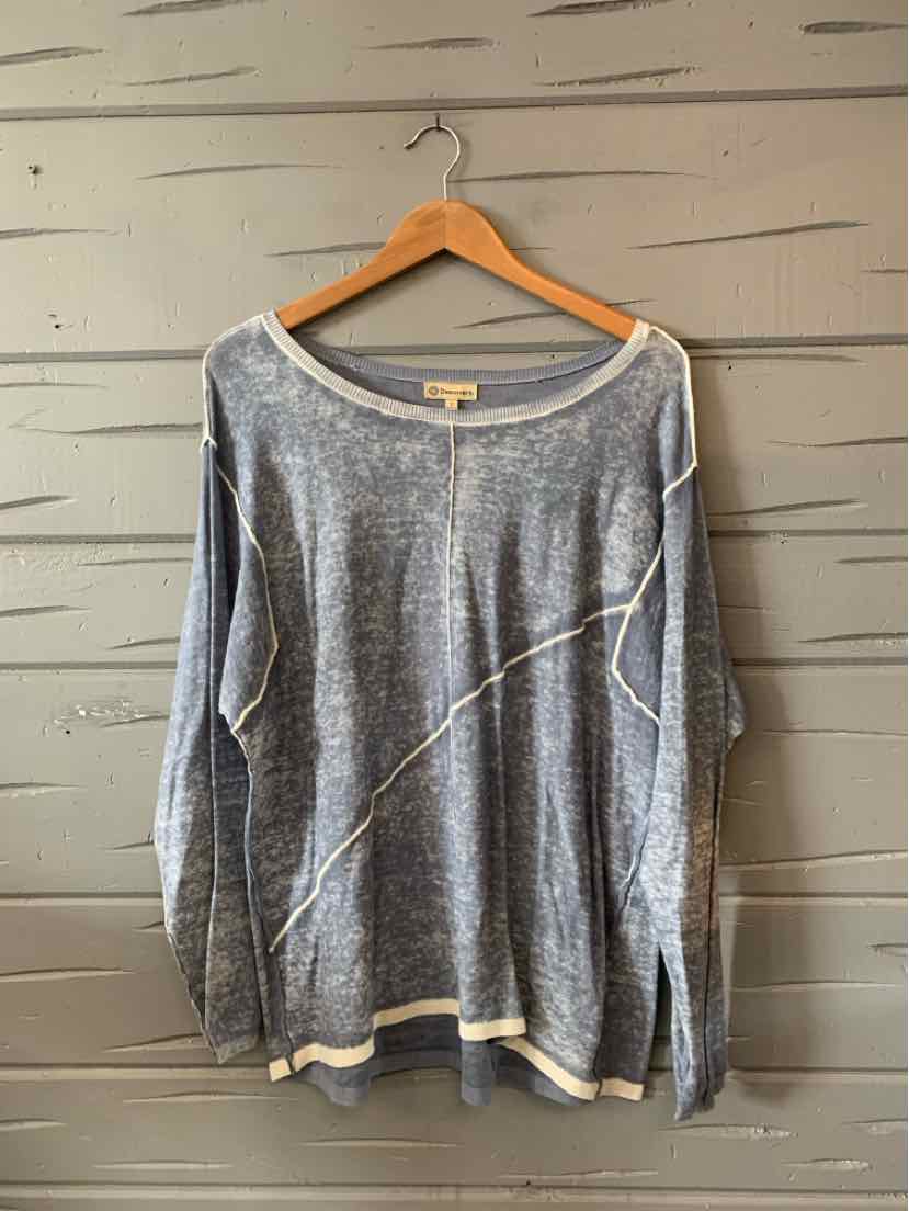 Light blue long-sleeve sweater with white trim and subtle diagonal stitch detail, relaxed fit.