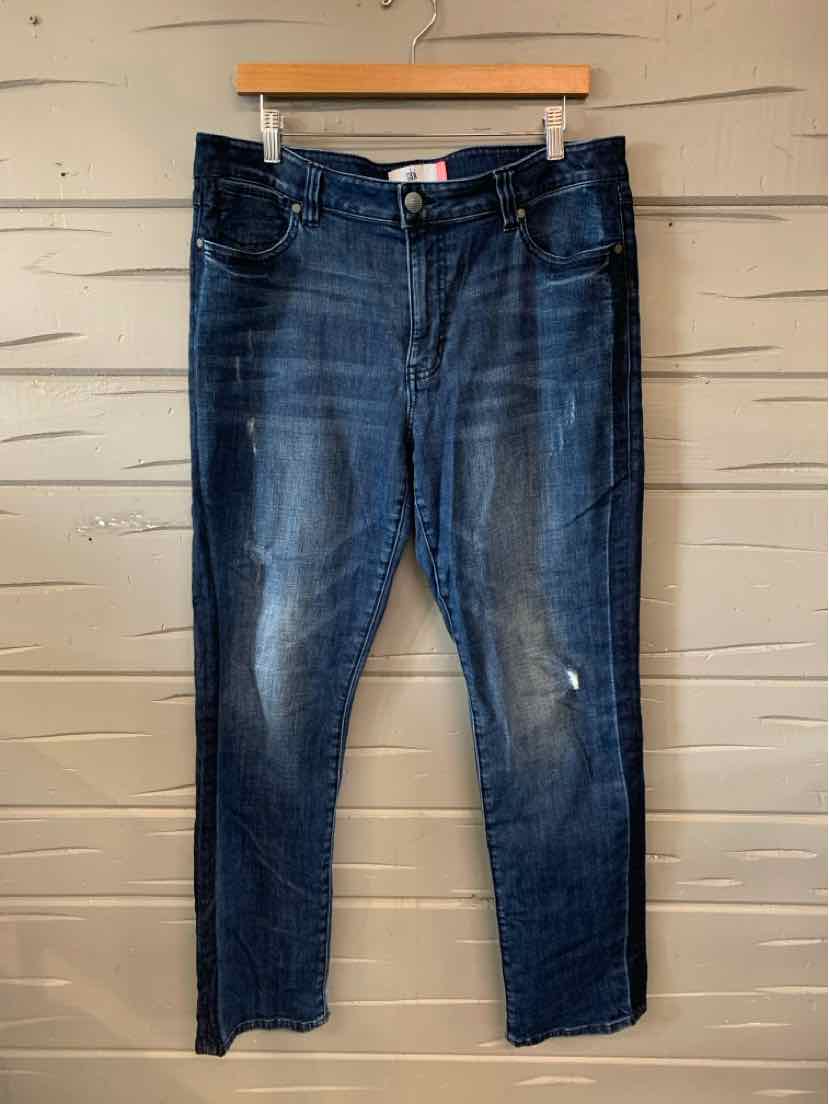 Dark blue denim jeans with slight fading and whiskering, classic five-pocket design, size 14.