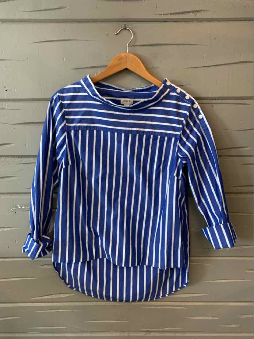 Blue and white striped long-sleeve blouse with round neckline and buttoned cuffs.
