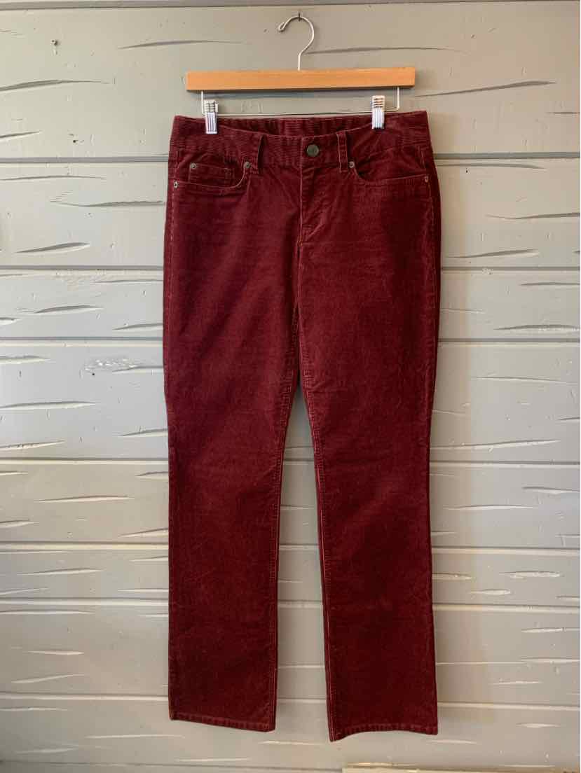 Women’s J.Crew burgundy corduroy pants with a straight-leg cut and classic five-pocket styling.