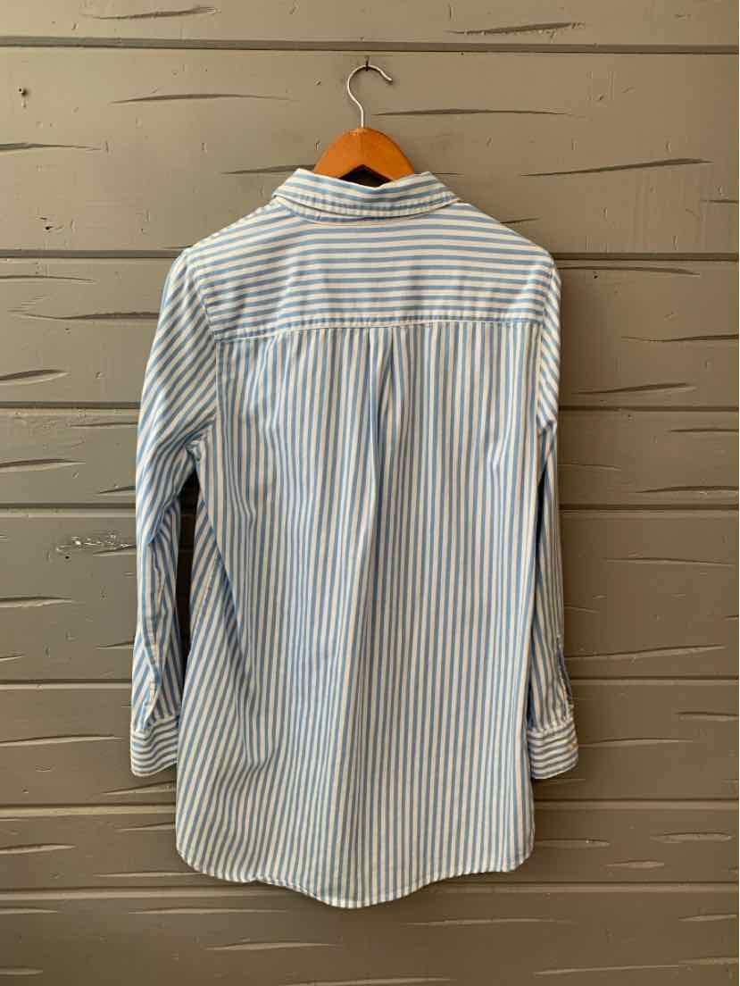Long-sleeve button-up shirt with vertical blue and white stripes, medium size, hanging on wooden hanger.